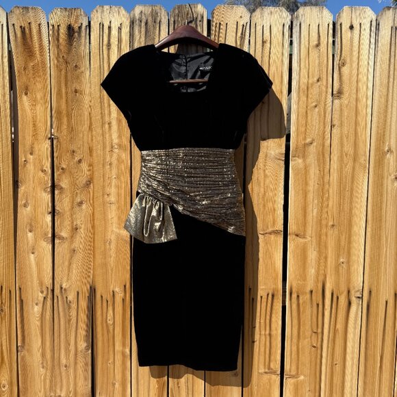 Vintage Dress 80s Black Velvet Gold Lame Fitted Formal Cocktail Sheath S - Picture 5 of 16